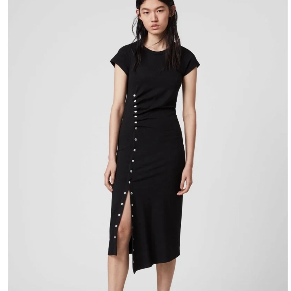 New AllSaints hatti jersey t-shirt dress with side popper detail in black size 0